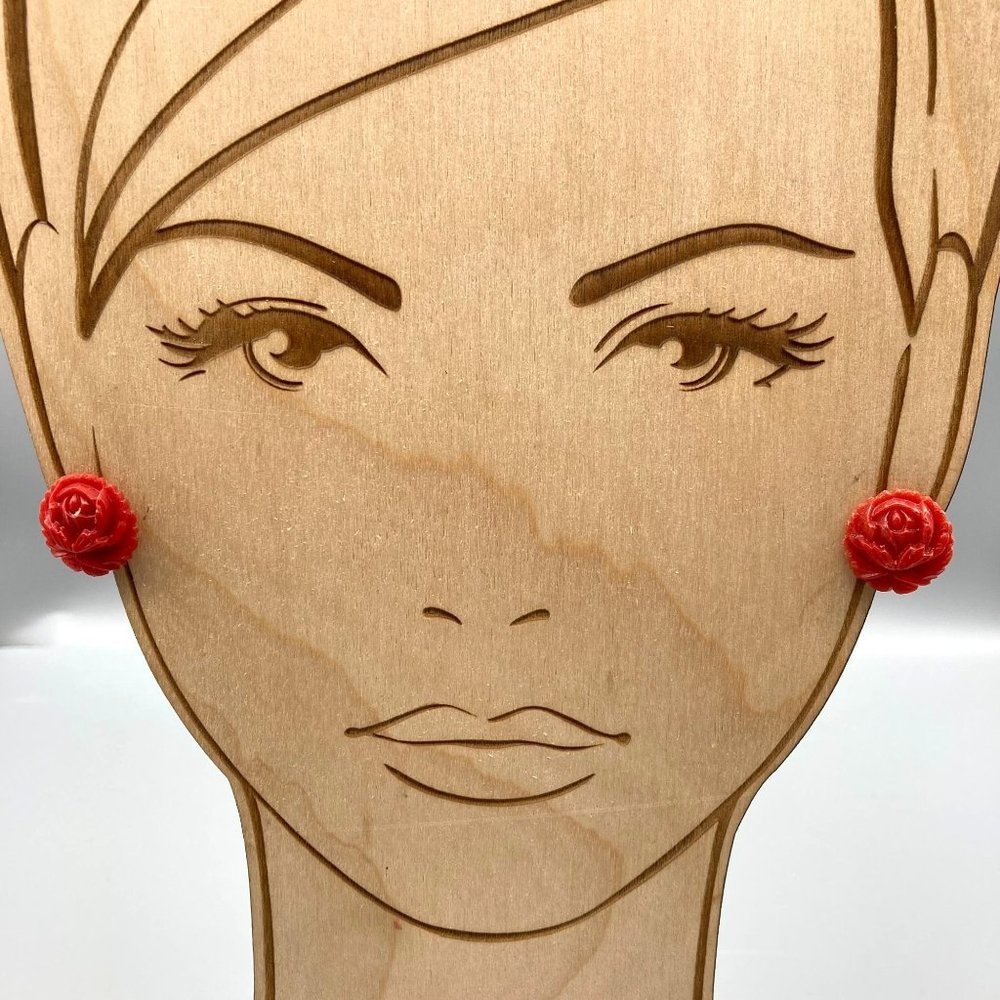 Vintage Carved Rose Earrings, Red Celluloid Flowers, Slide Clip On